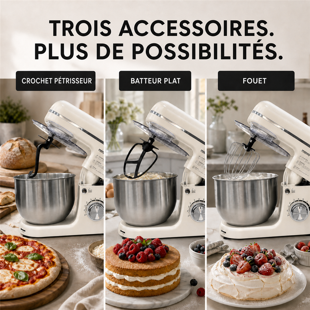 monsga SM100 Robot pâtissier, 1000 W, Blanc crème, Bol mélangeur en acier inoxydable 6,0 L, Silencieux, Avec fouet, Crochet à pétrir en Téflon super antiadhésif (Résistant à 260 °C), Batteur et pare-éclaboussures, 8 réglages de vitesse