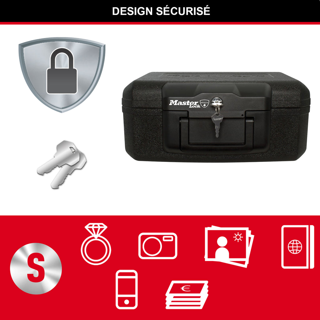 Master Lock Boîte de coffre-fort certifiée ignifuge avec clé, 5 L, 362 x 156 x 284 mm, portable avec poignée de transport, noire, pour la maison et les professionnels