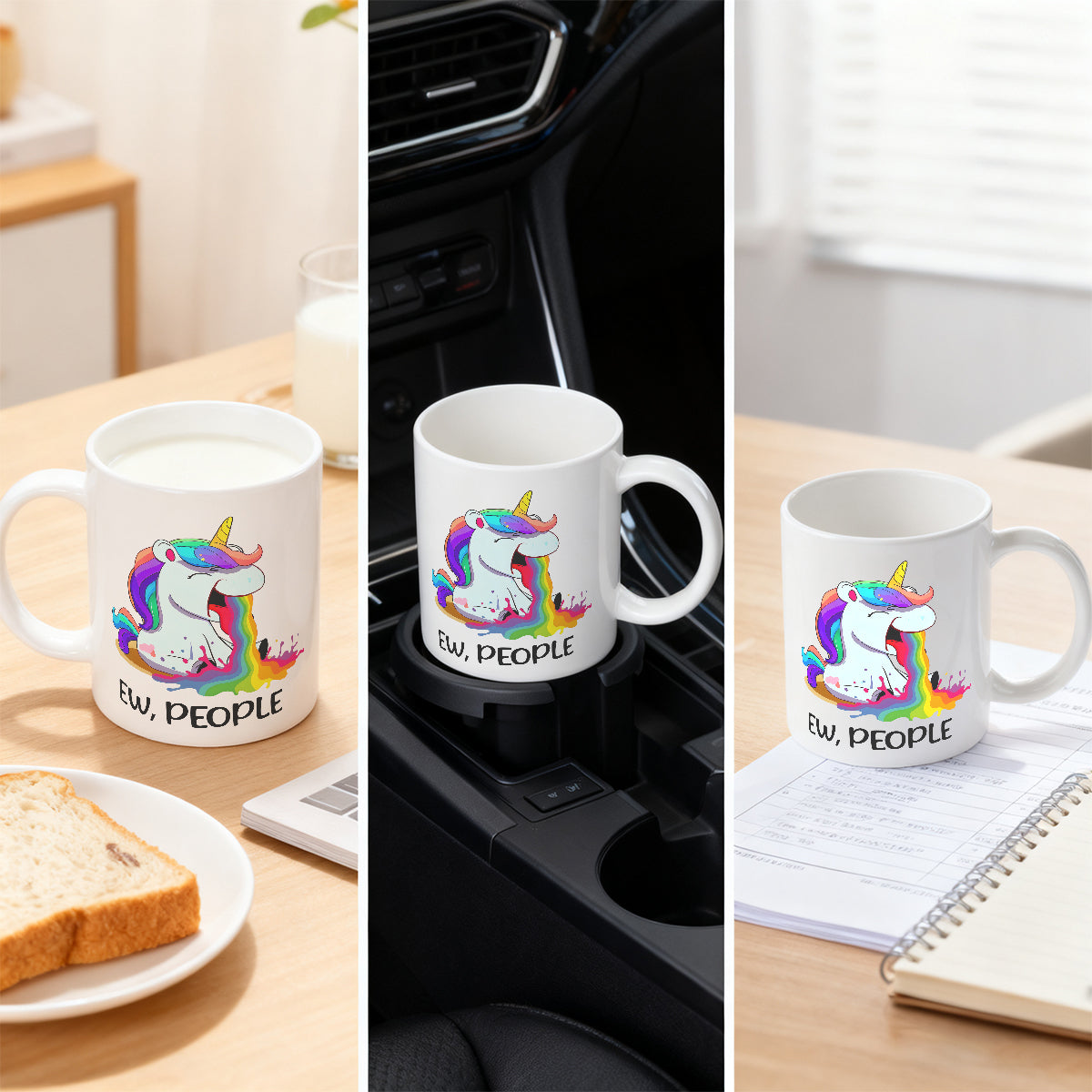 Alphynix Mug blanc 1 pièce 11 oz avec citation impertinente "BEURK, LES GENS" et licorne crachant un arc-en-ciel, cadeau amusant contrasté de Noël ou de Thanksgiving