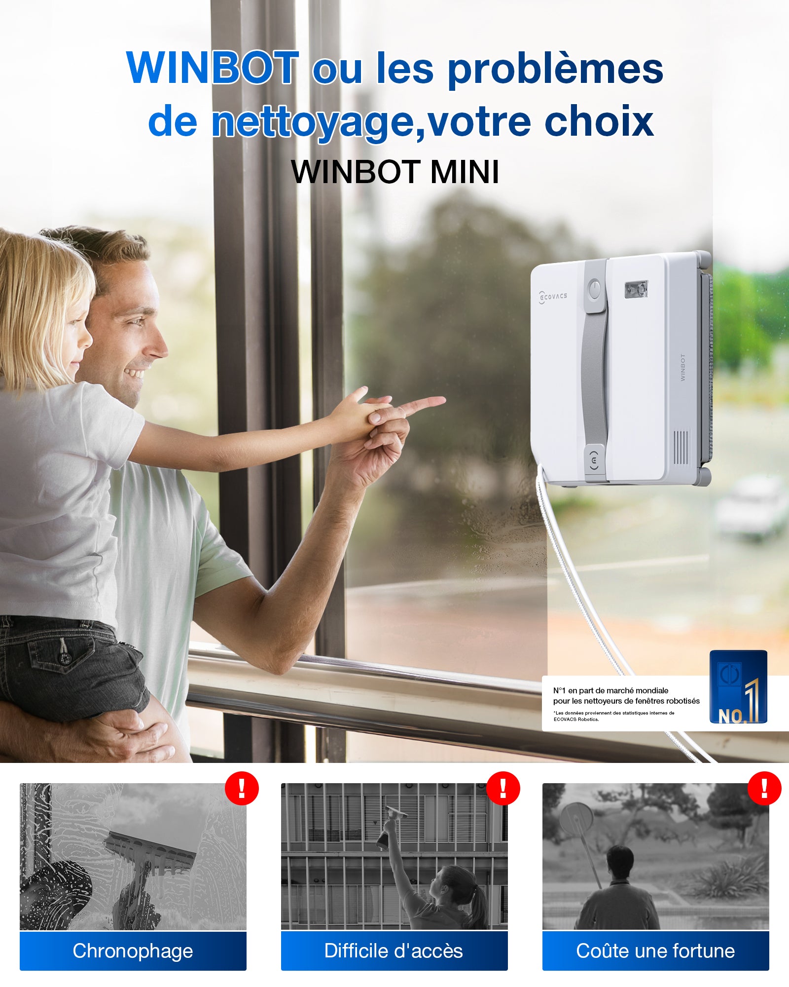 ECOVACS WINBOT MINI Robot Nettoyeur de Vitres - Ultra-Compact, Fin et Puissant, pour Fenêtres Étroites - Gris