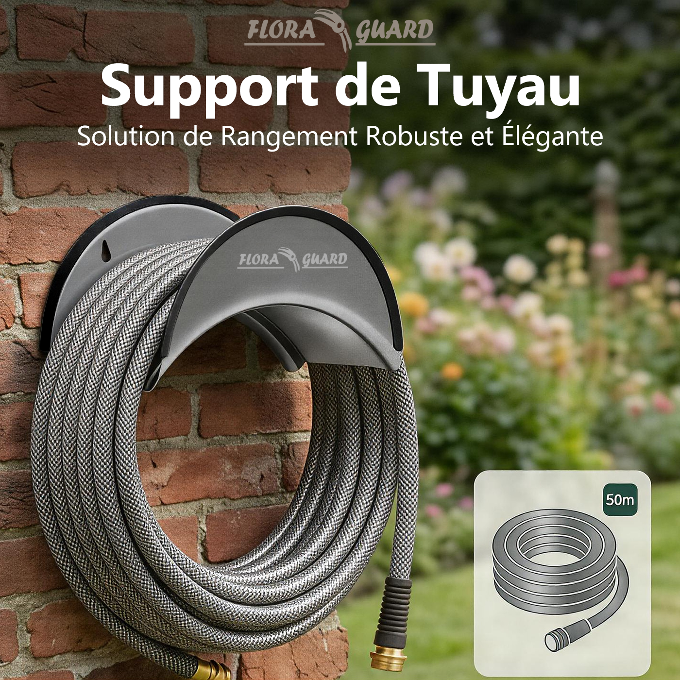 FLORA GUARD SGJ-B Support de tuyau, porte-tuyau mural en métal, support de tuyau anticorrosion pour rangement mural (Gris)