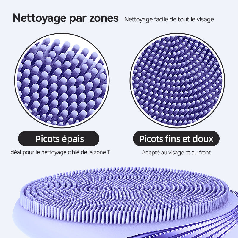 Sunluxy JMY-103 Brosse nettoyante pour le visage, 5 modes de vibration, nettoyage doux avec tête en silicone, design portable avec anneau de suspension, soin beauté à domicile, violet
