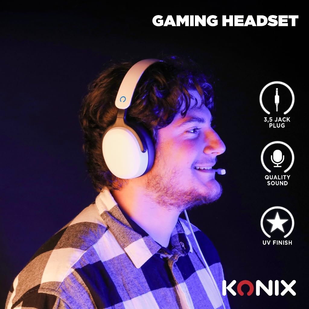 Konix Casque gaming circum-aural filaire Nexus pour PS5 - Haut-parleurs 40 mm - Microphone flexible - Connexion Jack 3,5 mm - Câble 1,5 m - Blanc