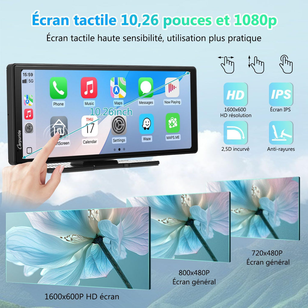 CARPURIDE stéréo de voiture portable, V92 Wireless Carplay & Android Auto, radio tactile 10,26 pouces 1080P HD avec BT 5.0, prise en charge Mirror Link