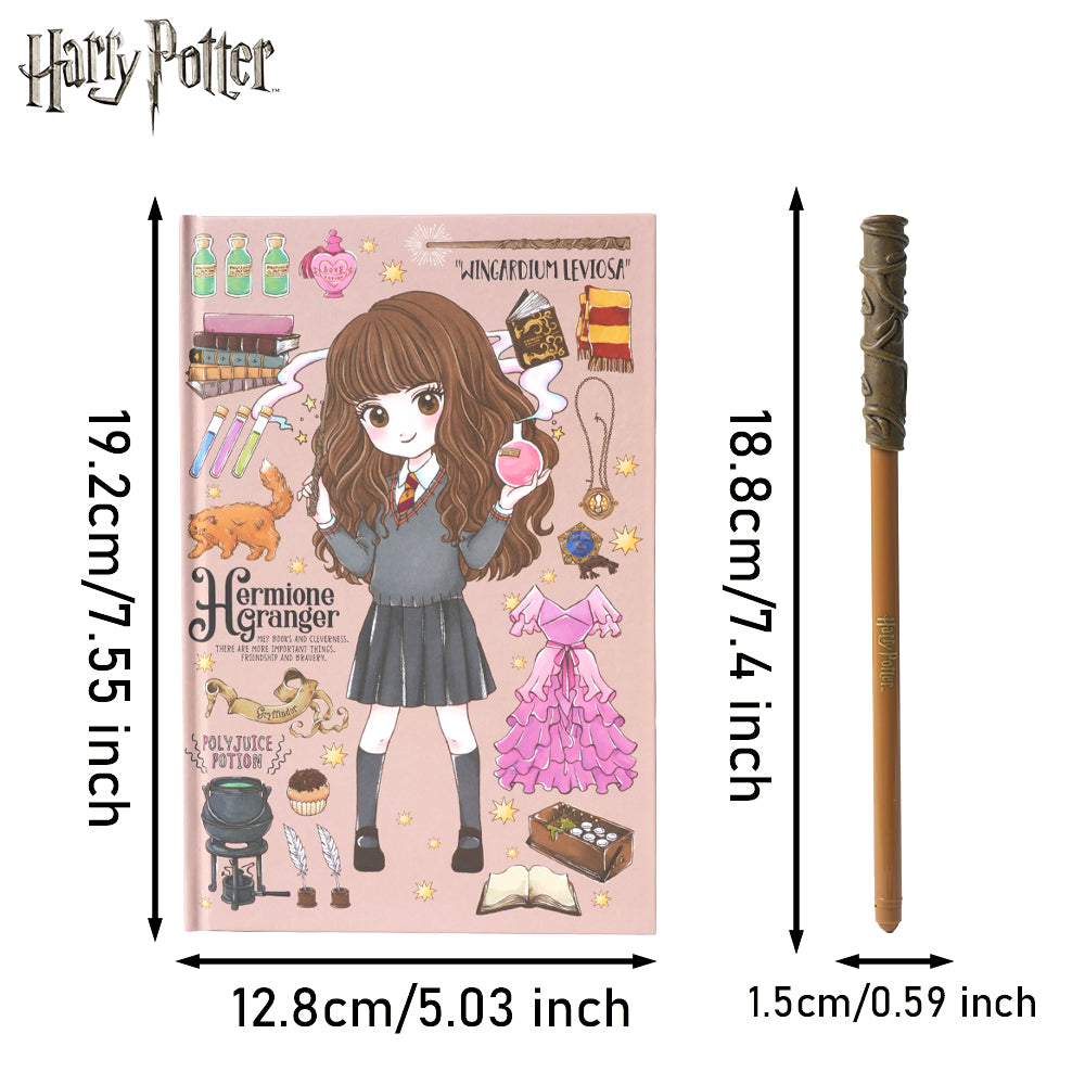 Warner Bros. Lot de 2 pièces Harry Potter Hermione Granger style chibi, ensemble carnet et stylo baguette, papeterie Monde des sorciers sous licence officielle, cadeau collection thématique exclusive
