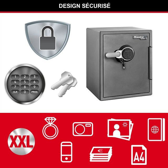 Master Lock Coffre-fort certifié résistant au feu et à l’eau, 56 L, 605 x 472 x 690 mm, serrure à code numérique avec clé de secours et clavier rétroéclairé, pour la maison et les professionnels