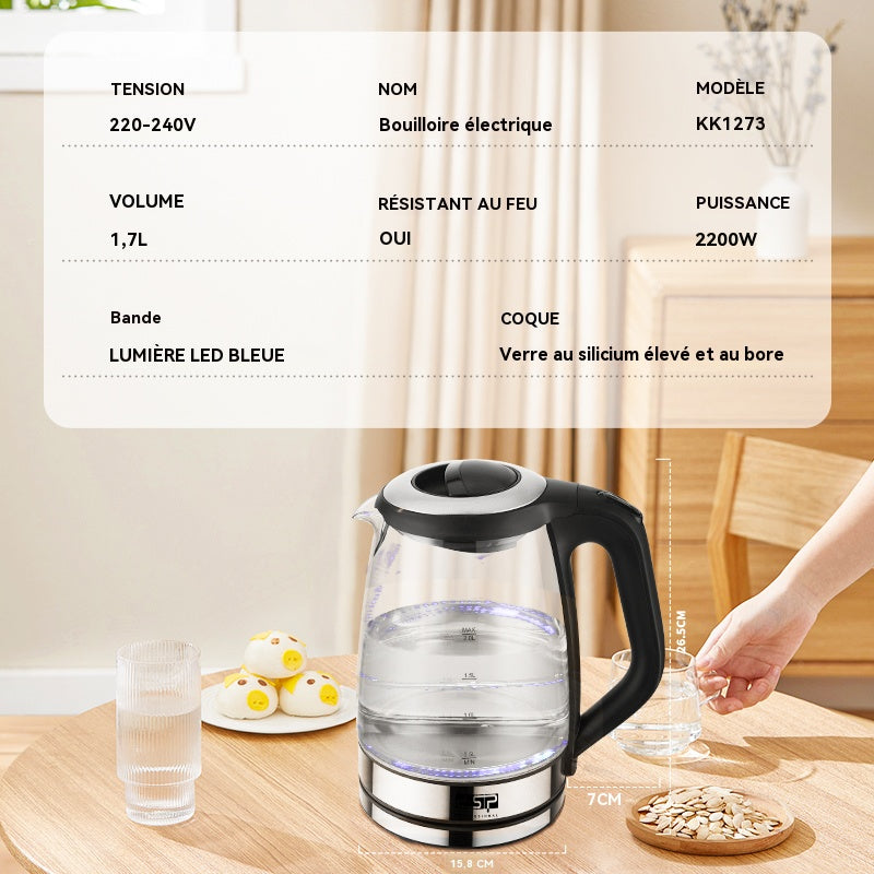 DSP Bouilloire électrique en verre 1,7 L, 2 200 W, ébullition rapide, base à 360°, éclairage LED (Modèle KK1273)