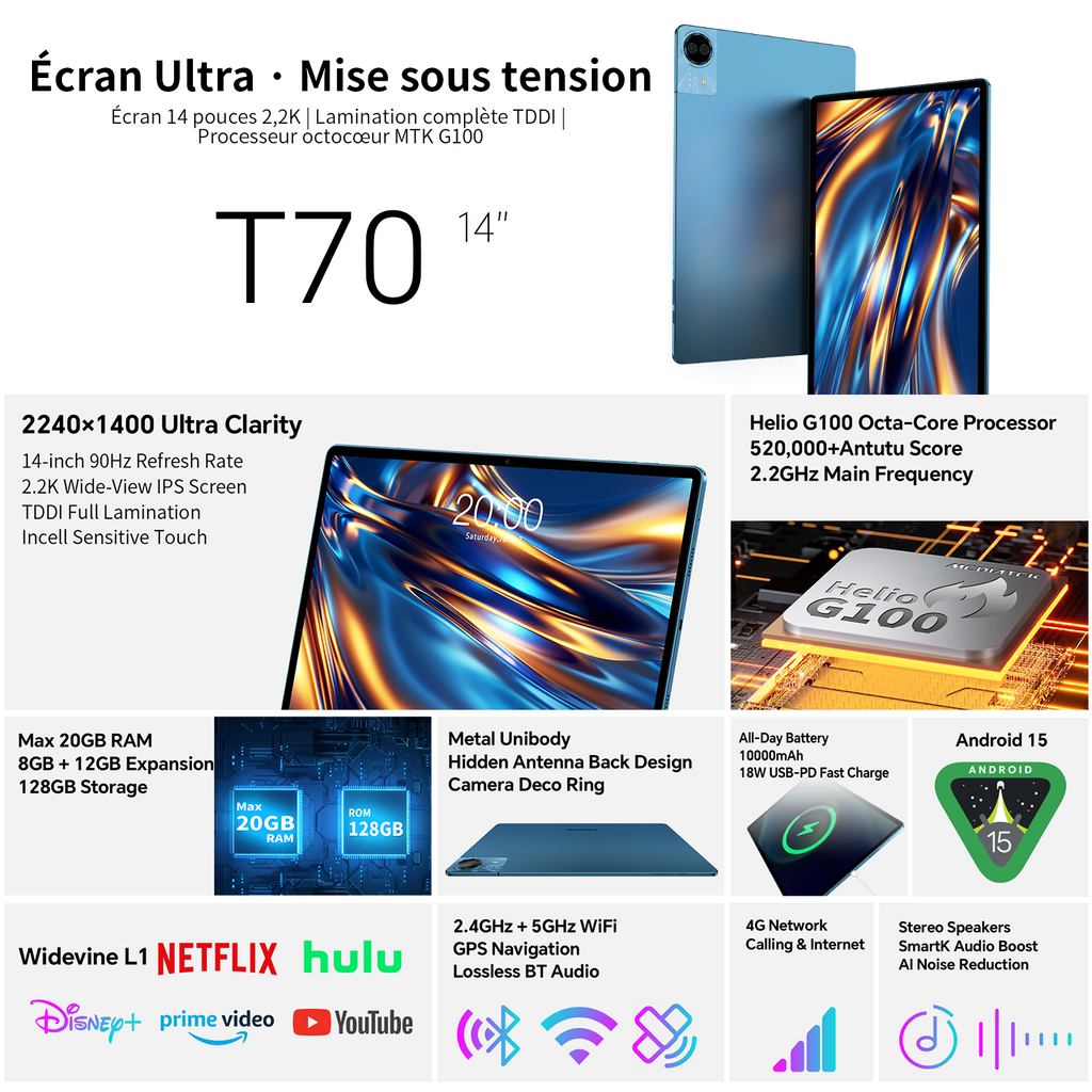 Teclast T70 écran 14" 2.2K 2240*1400, Android 15, Helio G100 jusqu’à 2,2 GHz, 20Go RAM (8+12Go virt.)+128Go,double SIM 4G+Wi-Fi 5G,8MP+13MP,10,000mAh,18W PD,BT,GPS,Widevine L1,2026