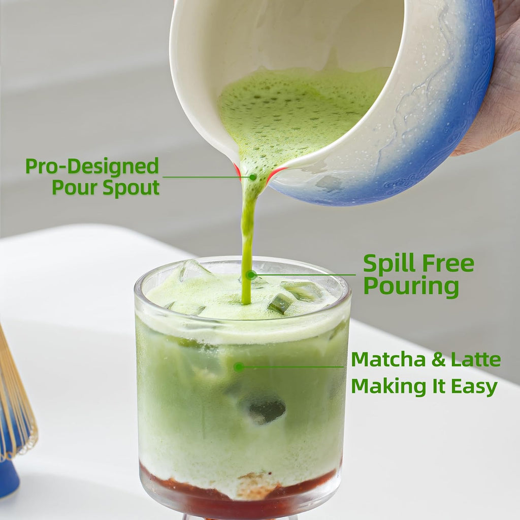 TEANAGOO Set de cérémonie du matcha bleu 7 pièces avec fouet, bol en céramique motif Fuji, cuillère doseuse et tamis pour préparer des boissons au matcha au lait, cadeau pour amateurs de matcha
