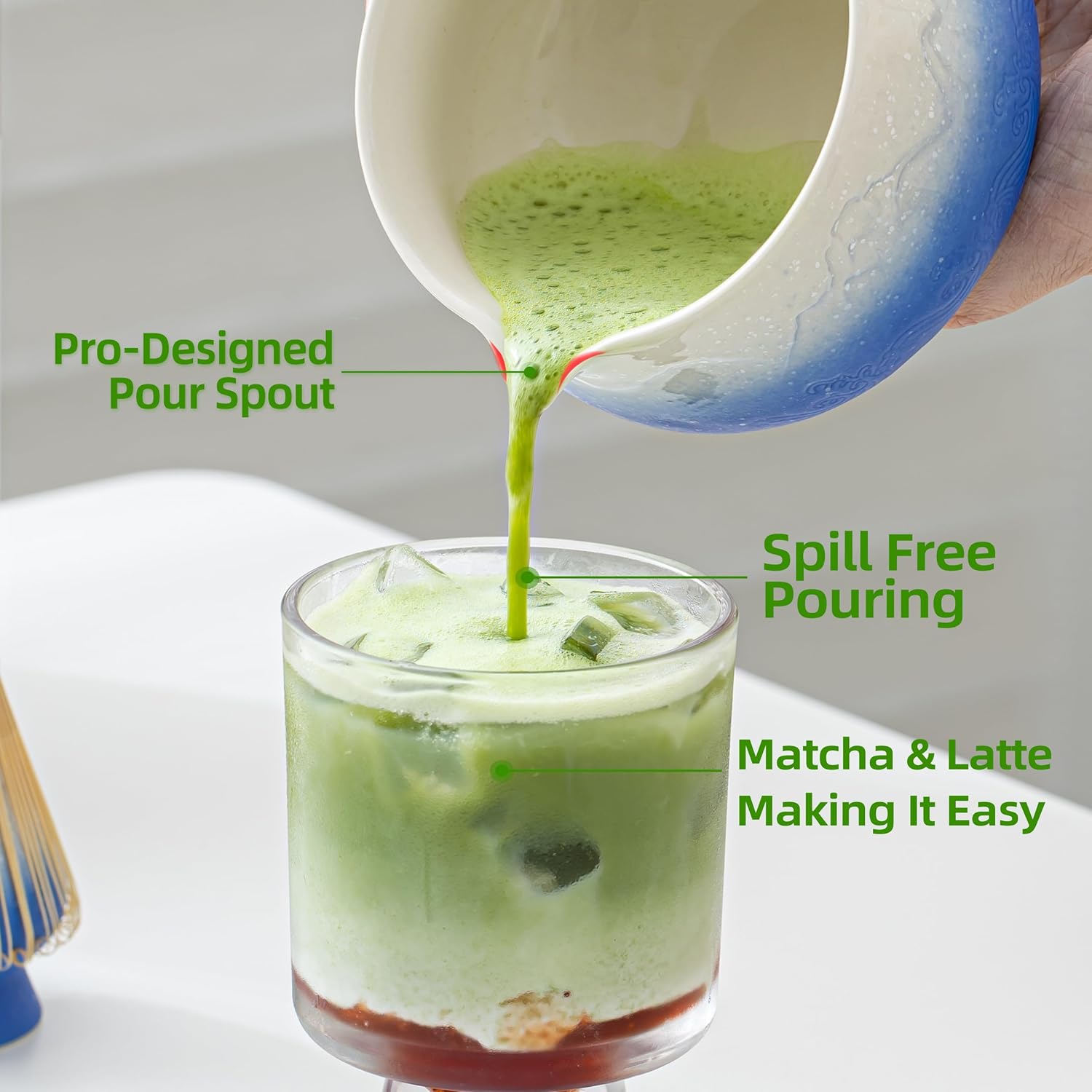 TEANAGOO Set de cérémonie du matcha bleu 7 pièces avec fouet, bol en céramique motif Fuji, cuillère doseuse et tamis pour préparer des boissons au matcha au lait, cadeau pour amateurs de matcha