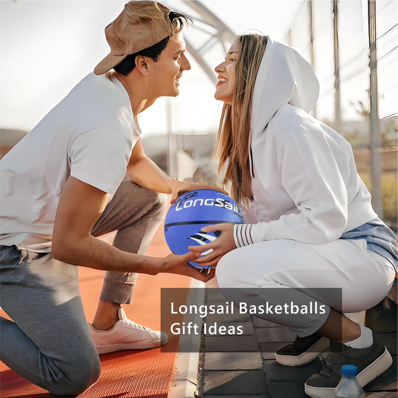LONGSAIL Ballon de basket-ball en caoutchouc haute qualité (29,5 po) Taille 7 Bleu ciel/motif noir/motif bleu clair
