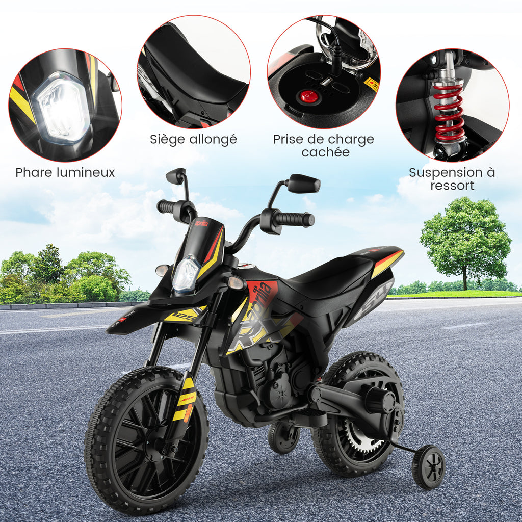 Moto électrique pour enfants 12 V avec roues d'apprentissage, modèle sous licence Aprilia, noir