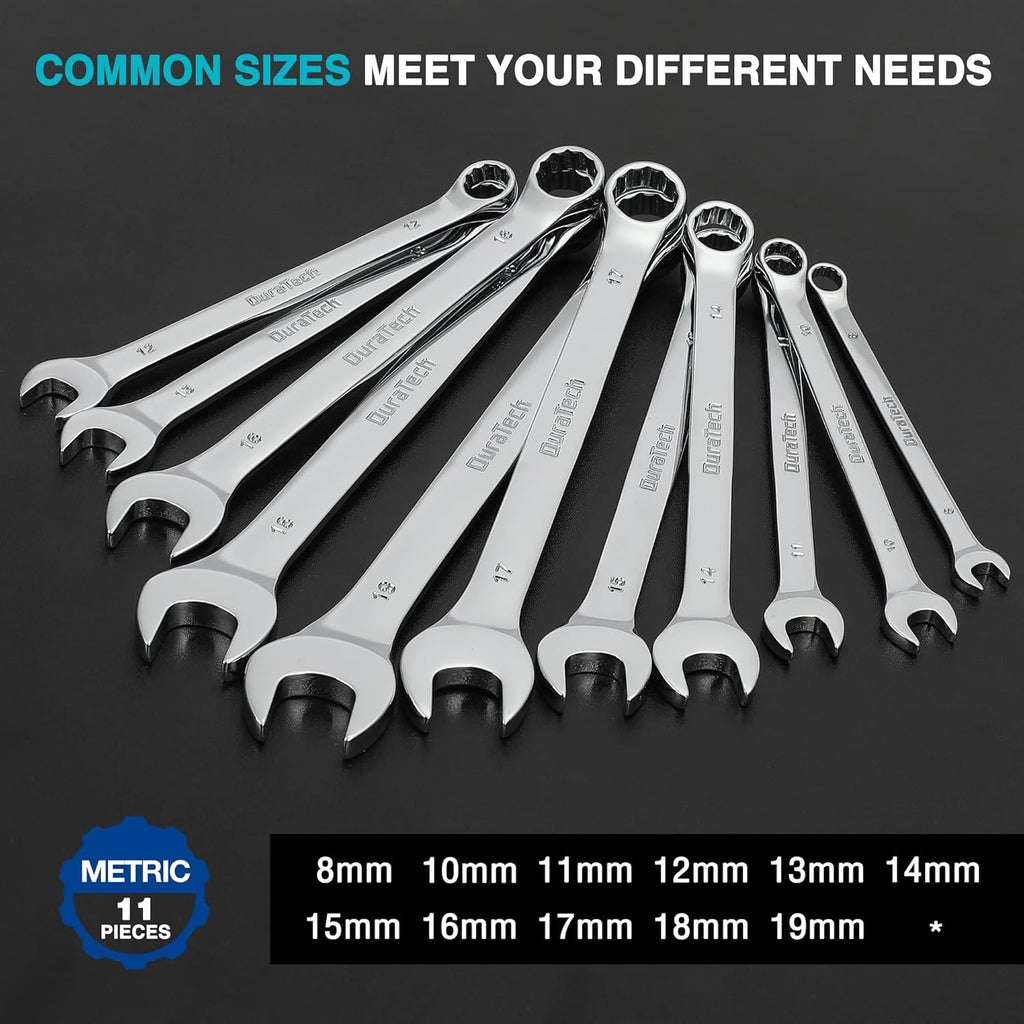 DURATECH Jeu de 11 clés mixtes en acier chrome-vanadium métrique 8-19 mm 12 points avec plateau en plastique