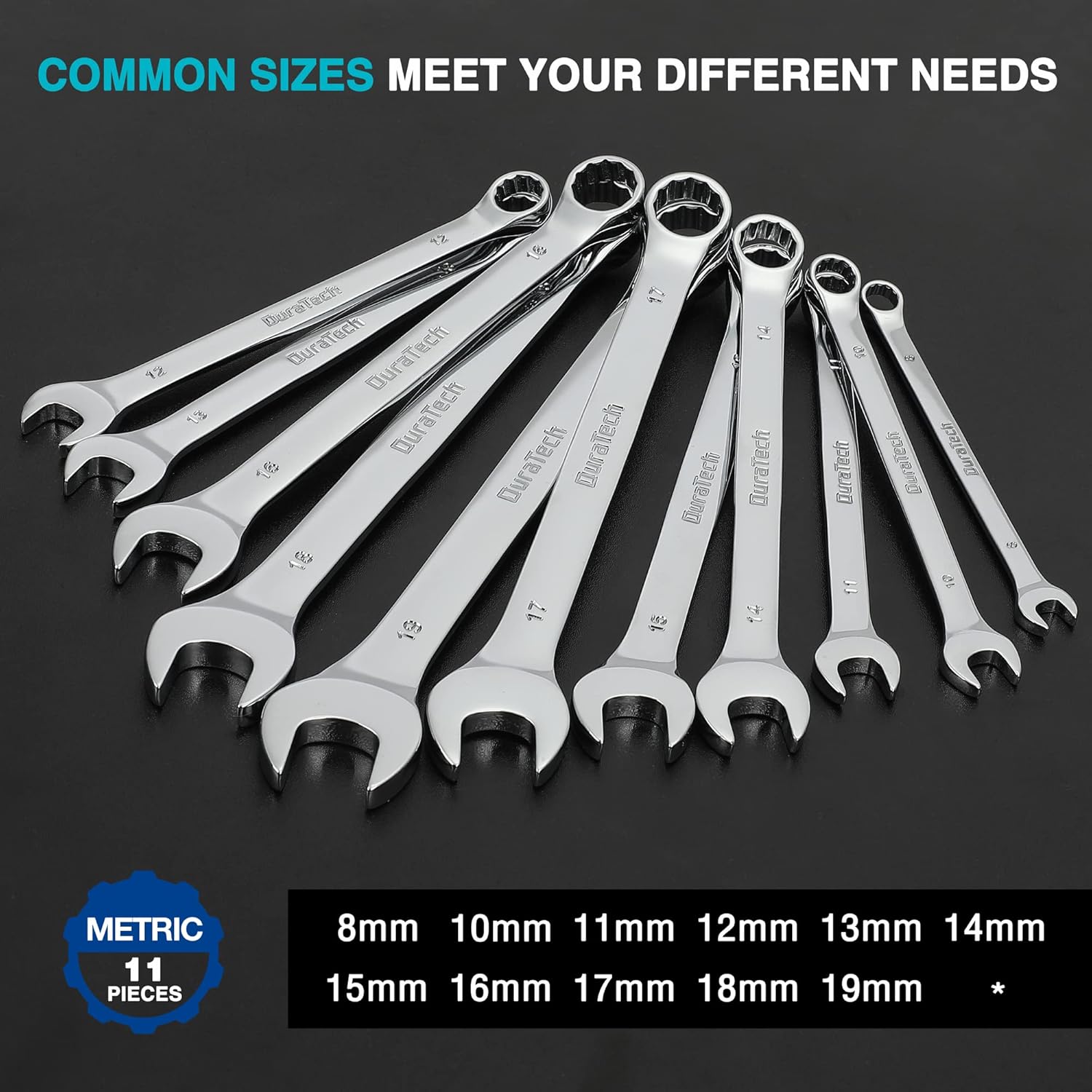 DURATECH Jeu de 11 clés mixtes en acier chrome-vanadium métrique 8-19 mm 12 points avec plateau en plastique
