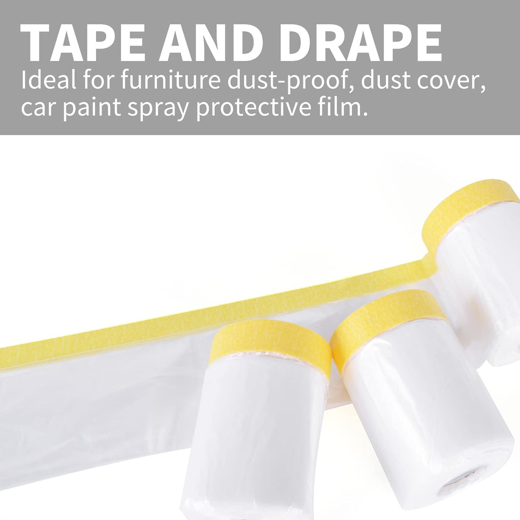 TAPEBEAR Film de masquage avec ruban intégré, Ruban et bâche, Rouleau de bâche plastique pour peinture automobile, appareils électroménagers et meubles, 9 pi x 90 pi, 2600 mm x 27 m, 3 rouleaux