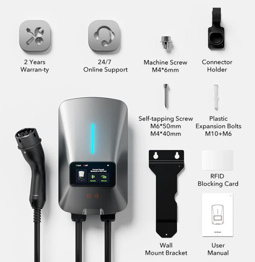 WOLFBOX AC07 Station de recharge 32 A pour voiture électrique 7 kW Type 2 monophasé chargeur mural avec écran LCD contrôle via application carte RFID