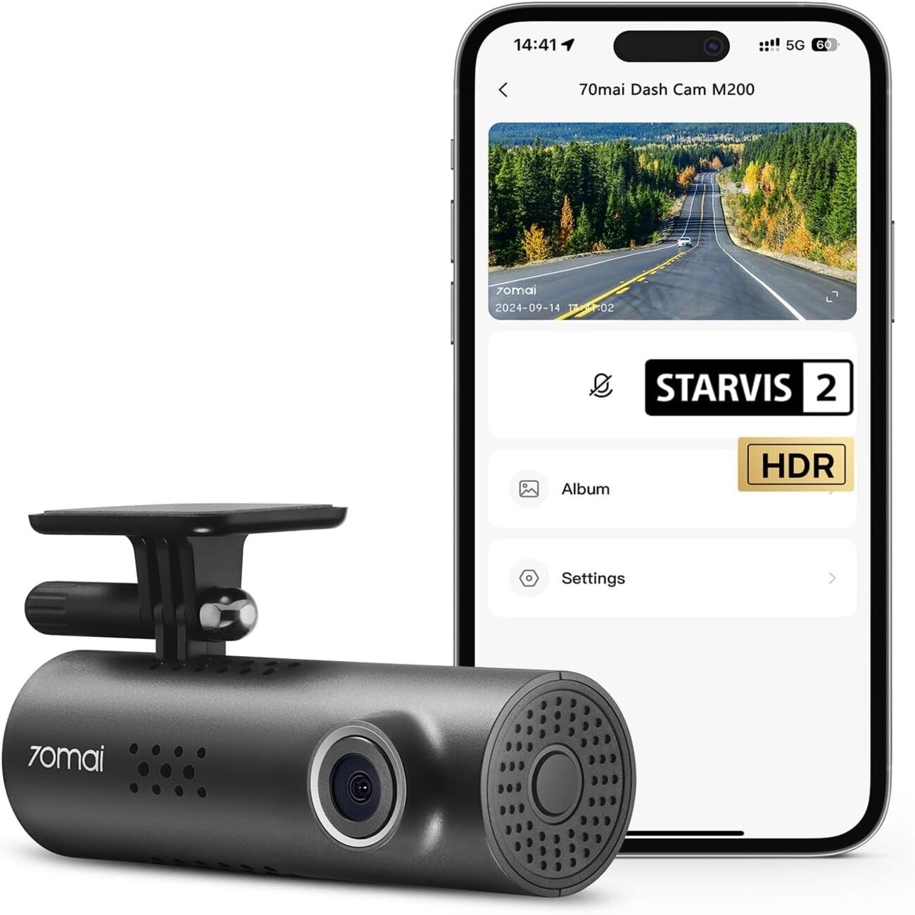 70mai Caméra de tableau de bord M200, Caméra avant 1080P HDR avec Sony STARVIS 2 IMX662, Vision nocturne améliorée, Ouverture F1,8, Solution MaiColor Vivid+, Wi-Fi et commande vocale
