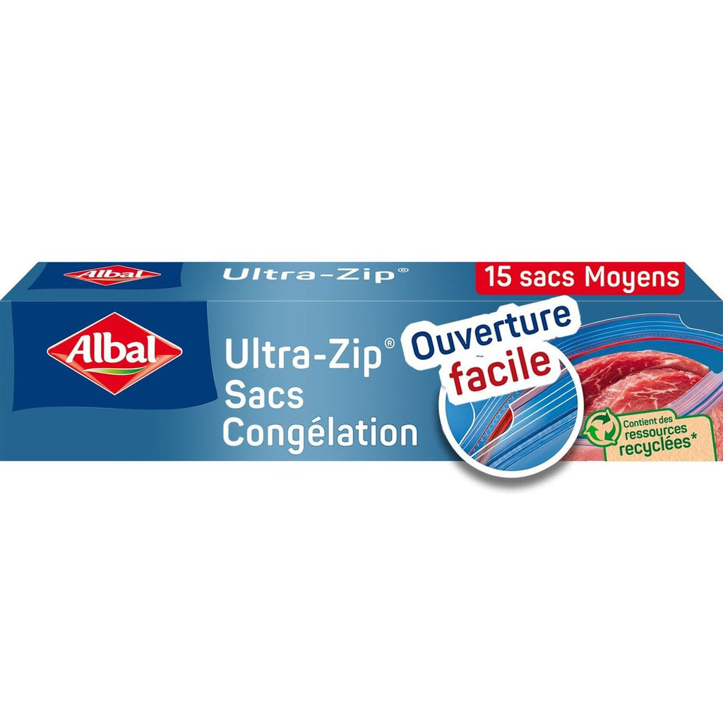ALBAL Ultra-Zip sacs de congélation moyens, fermeture double zip, 27 x 24 cm, 3 L, lot de 15, fabriqués avec 70 % de matériaux recyclés