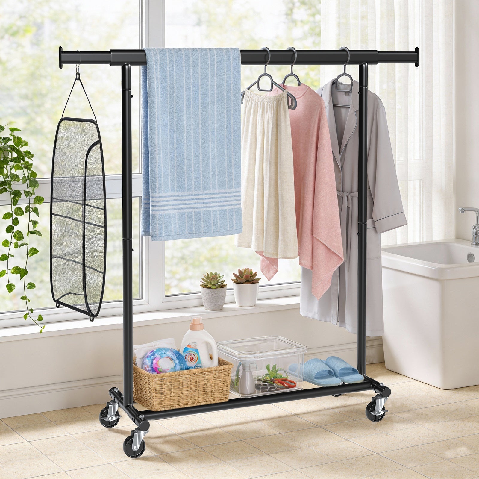 JOYFURNOS Portant à Vêtements sur Roulettes, Tringle à Vêtements Robuste, 45 x (92-132) x 161,5 cm, avec Tringle Extensible, Capacité de Charge 100 kg, Portable, Noir