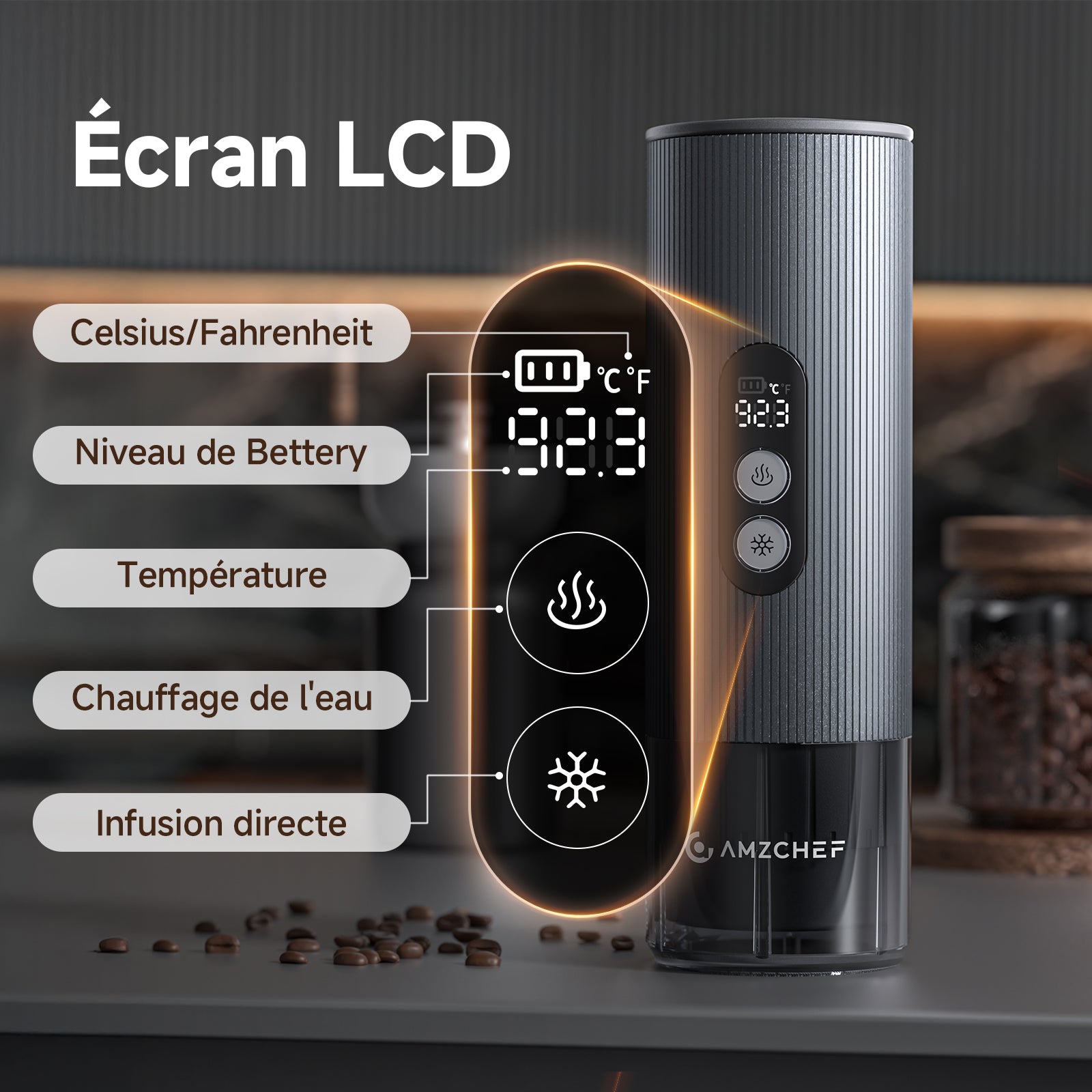 AMZCHEF Machine à Café Électrique Portable 2-en-1 (Modèle CP024) | Machine à Espresso de Voyage Haute Pression 20 Bars | Batterie 9000mAh, Chauffe Rapide 150W
