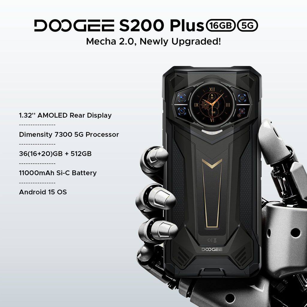 DOOGEE S200 Plus Smartphone Rugged 5G, Dimensity 7300, (16 Go+20 Go)+512 Go avec Écran Arrière Dynamique 1,32" Android 15 Téléphone Rugged, 10100 mAh, Caméra Vision Nocturne 100 MP+20 MP, 6,72", 120 Hz, NFC, Gemini AI Double SIM