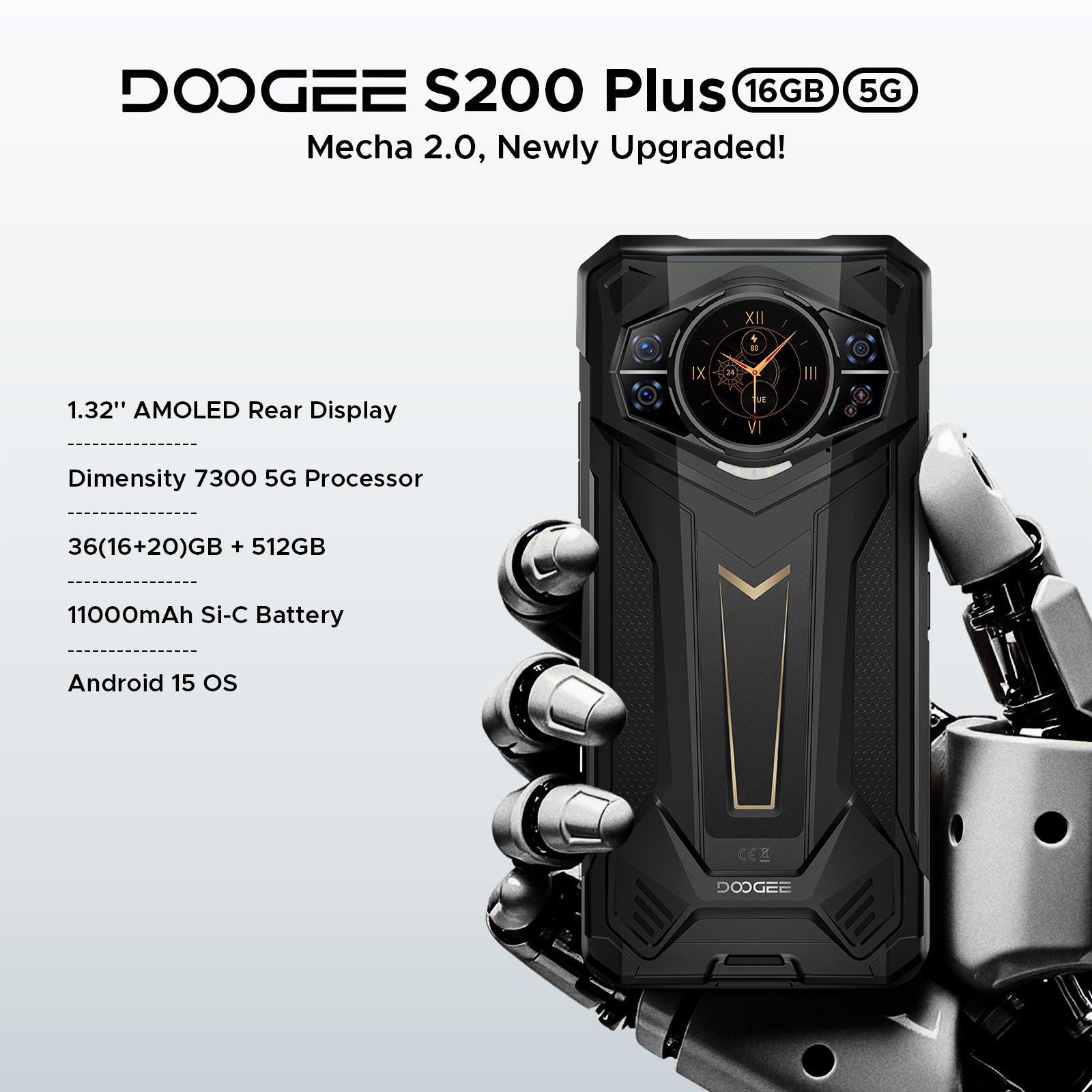 DOOGEE S200 Plus Smartphone Rugged 5G, Dimensity 7300, (16 Go+20 Go)+512 Go avec Écran Arrière Dynamique 1,32" Android 15 Téléphone Rugged, 10100 mAh, Caméra Vision Nocturne 100 MP+20 MP, 6,72", 120 Hz, NFC, Gemini AI Double SIM