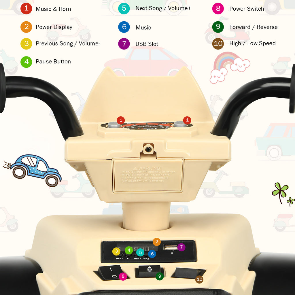 Costway Quad électrique pour enfants 12 V, avec musique et lumières LED, alimenté par batterie, siège confortable, 104 × 67 × 74 cm, Jaune terre