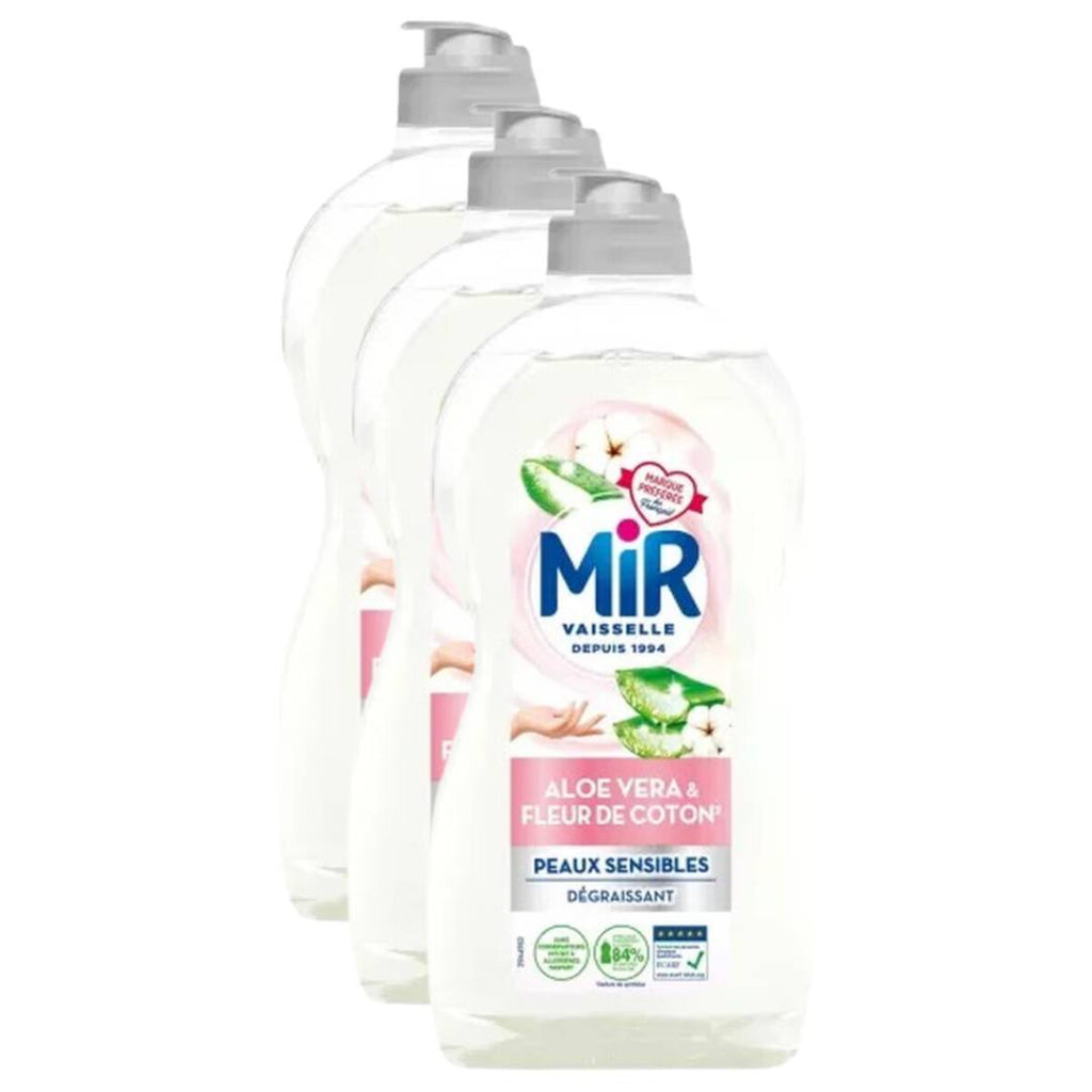 Mir Liquide Vaisselle Fleur de Coton & Aloe Vera, Peaux Sensibles, 3 x 450 ml (= 1,35 L)