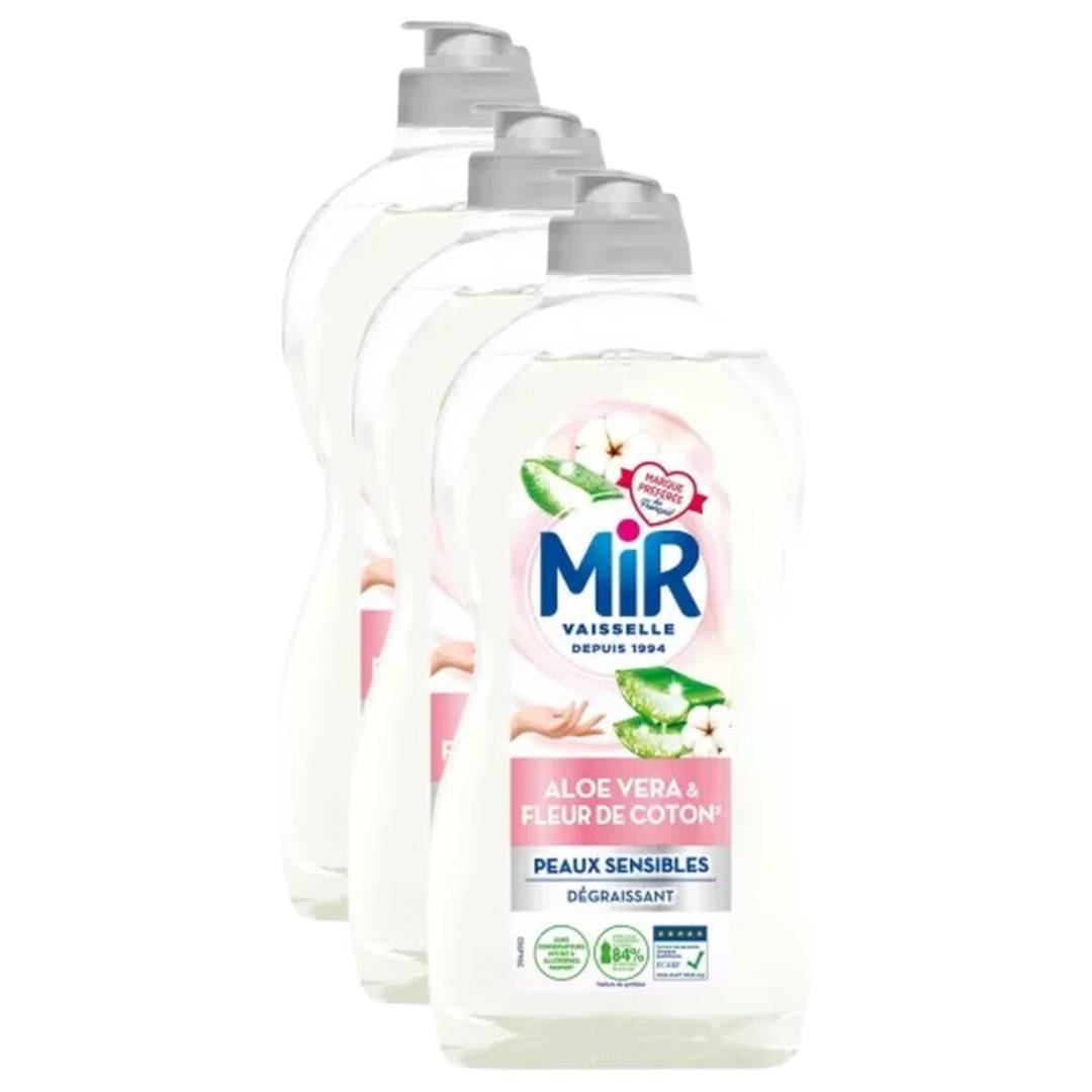 Mir Liquide Vaisselle Fleur de Coton & Aloe Vera, Peaux Sensibles, 3 x 450 ml (= 1,35 L)