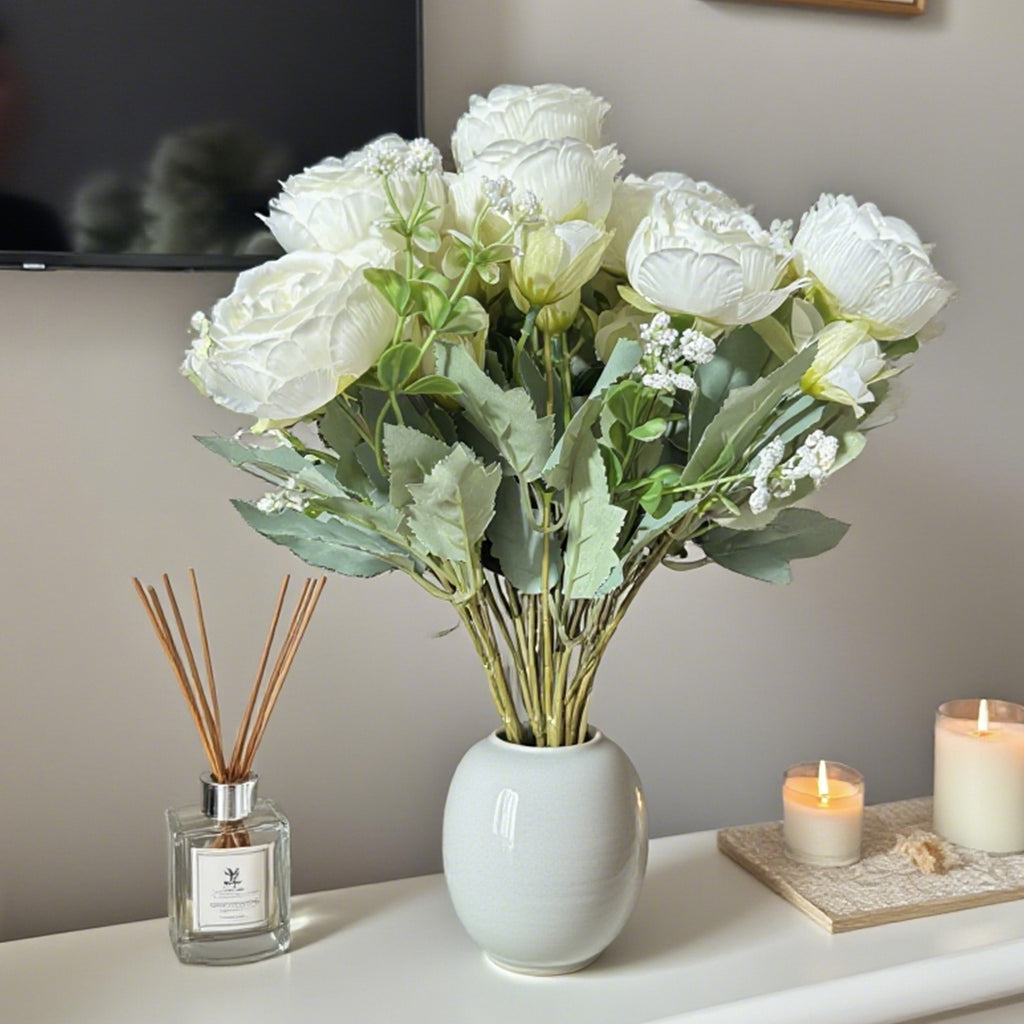 Wei's moment 4 Bunches Fleurs Artificielles Pivoines Fleurs Blanches Bouquets de Pivoines en Soie pour Mariage Fête Table de Mariage Décoration de Table Arrangement Floral Maison Cuisine Décoration