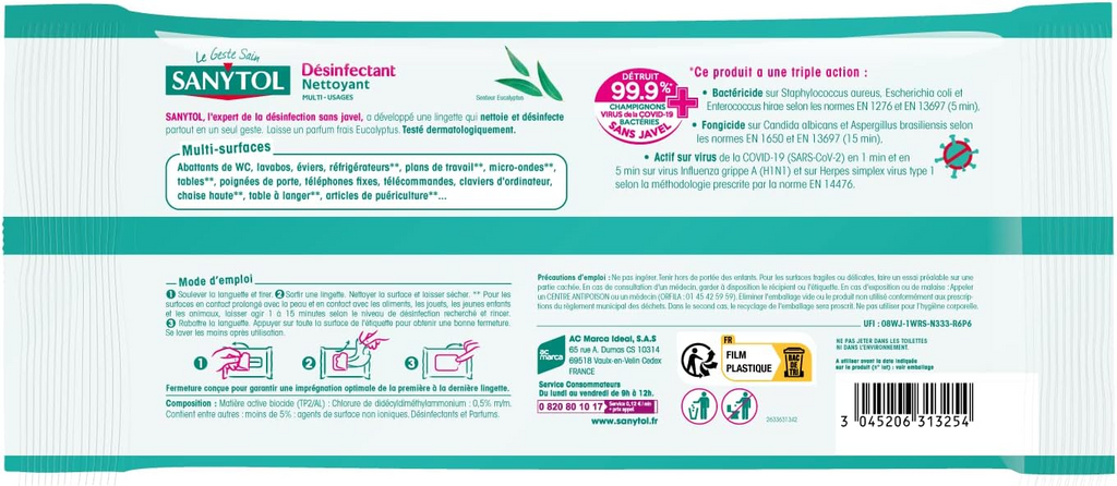 Sanytol Lingettes Nettoyantes Désinfectantes Multiusages sans Javel Eucalyptus (Paquet de 72)