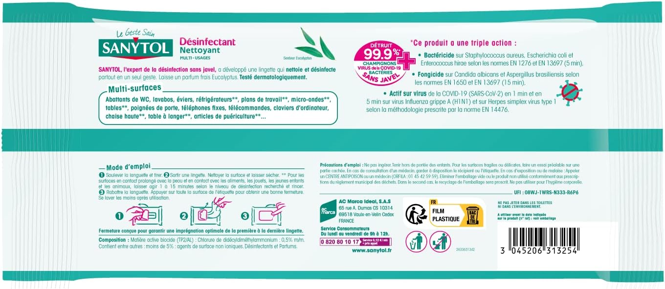 Sanytol Lingettes Nettoyantes Désinfectantes Multiusages sans Javel Eucalyptus (Paquet de 72)