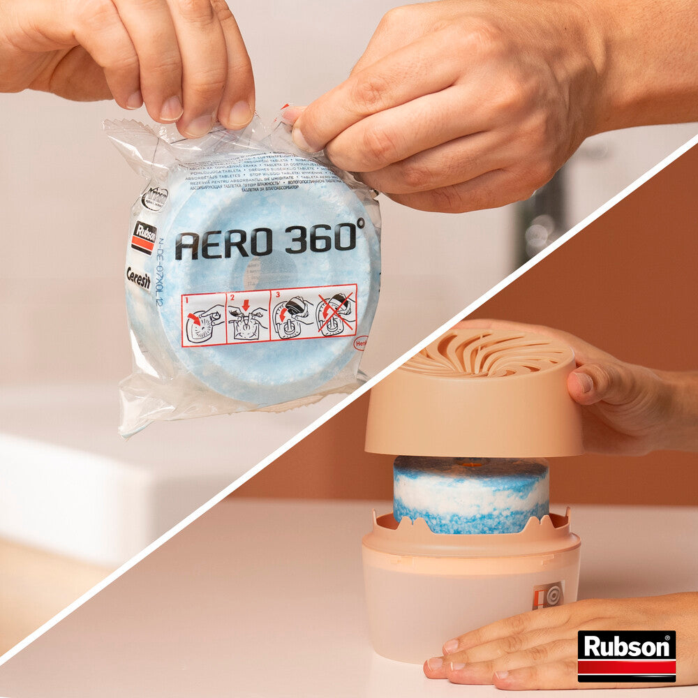 Rubson | Absorbeur d'Humidité Aero 360° Couleur Pêche (1 appareil + 1 recharge de 450 g) – Absorbeur anti-humidité pour pièce jusqu'à 20 m² – Déshumidificateur d'air anti-odeur et anti-moisissure