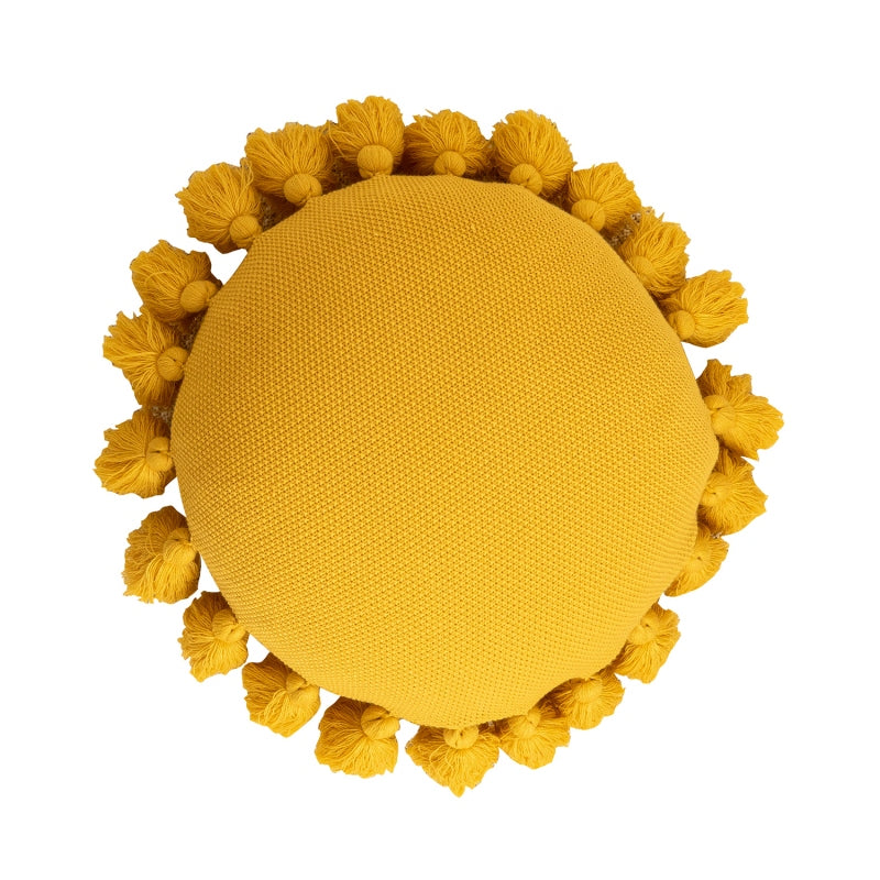 MEROPE, Coussin rond à franges en acrylique, 45x45 cm, jaune, 1 pack