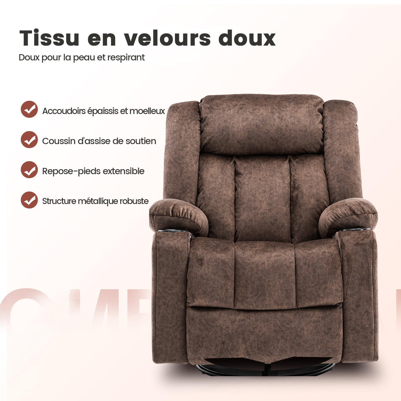 COMHOMA Chaise de relaxation manuelle pivotante pour adultes avec dossier réglable et repose-pieds, chaise de salon 361°, porte-gobelet, poches latérales, tissu doux, ergonomique, marron
