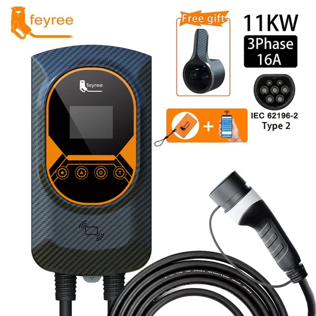 Feyree Borne de recharge murale pour véhicule électrique 11 kW 32 A Chargeur de voiture électrique mural Câble Type 2 Contrôle par application Wi-Fi