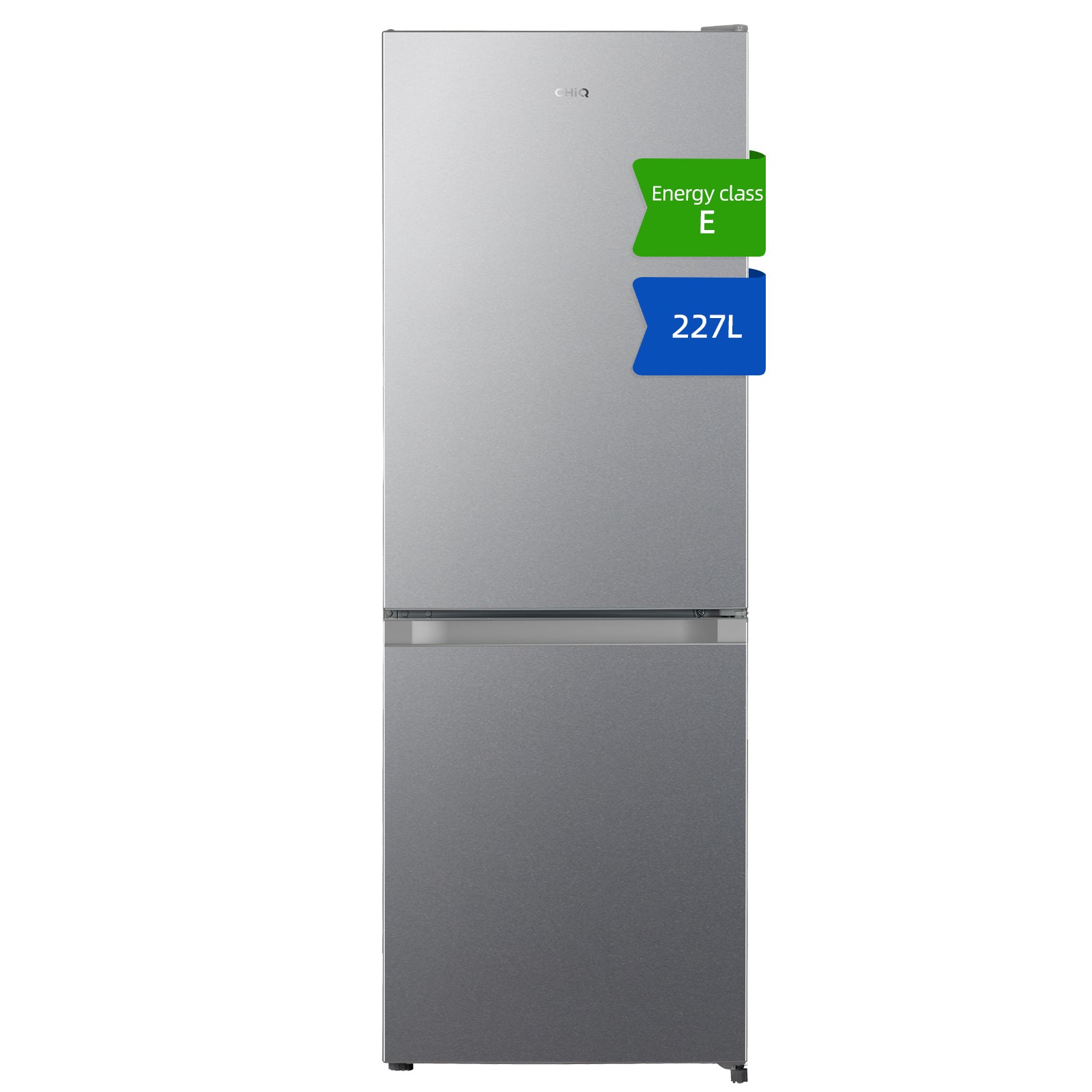 CHiQ JR227LSE Combiné réfrigérateur-congélateur, 227 L, Argent, Faible givre, Congélation 4 étoiles, Réfrigérateur 153 L et congélateur 74 L, Largeur compacte 54 cm, Porte réversible, Pieds réglables [Classe énergétique E]