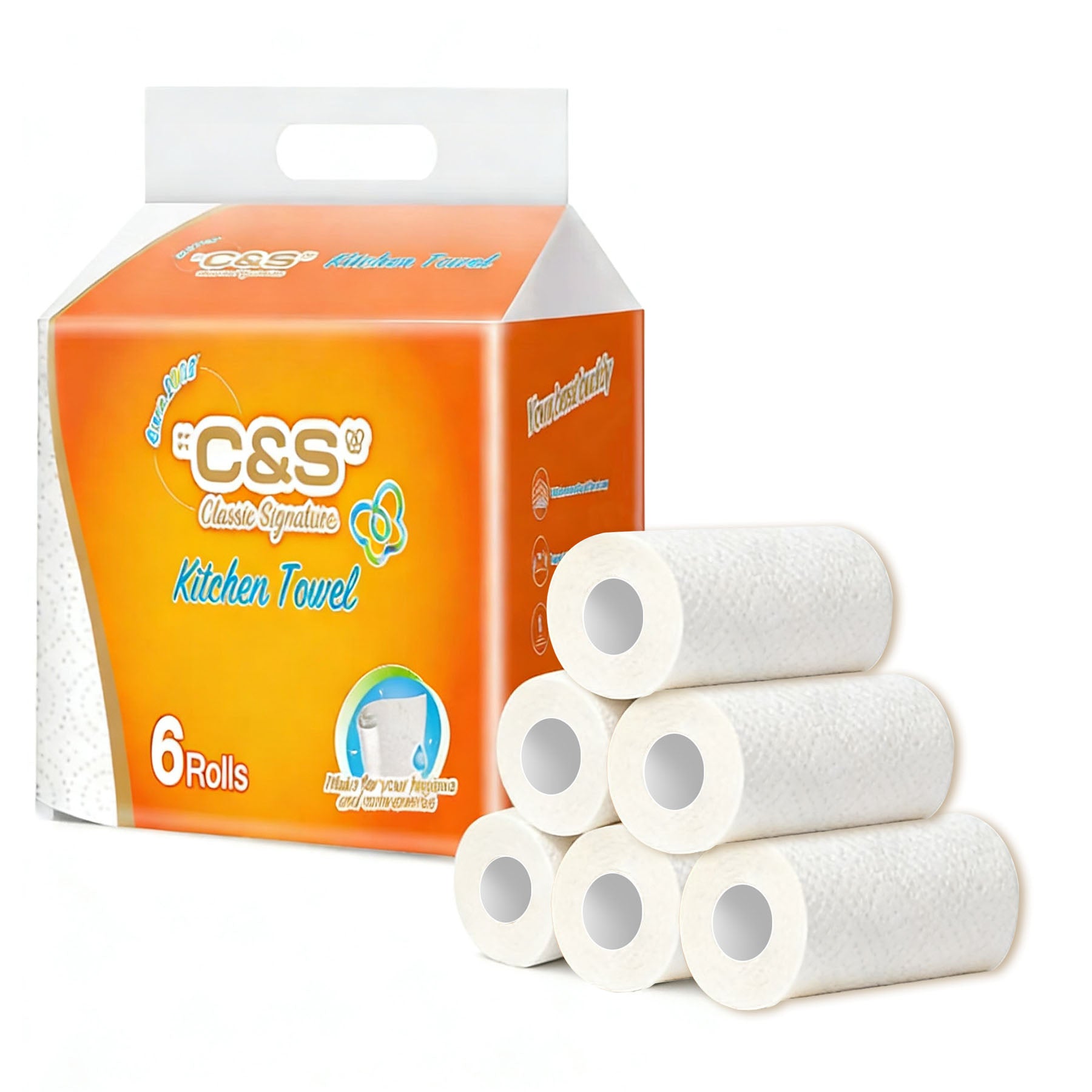 C&S Rouleaux d'essuie-tout, 2 plis, 390 feuilles (65 feuilles * 6 rouleaux), super absorbants, absorbent l'huile, anti-fuite d'eau, indispensable pour la cuisine