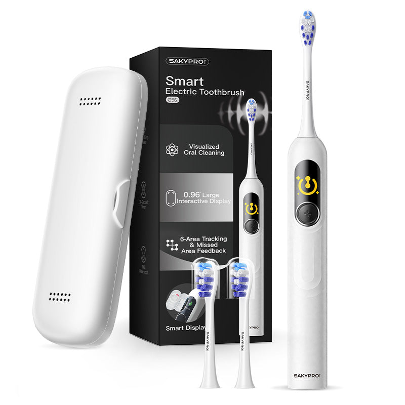 saky Pro Brosse à dents électrique sonique familiale G5S Blanc avec écran intelligent IA pour adultes et enfants | Autonomie 150 jours, carte de brossage en temps réel | Mode blanchiment, minuterie 3 min, étui de voyage