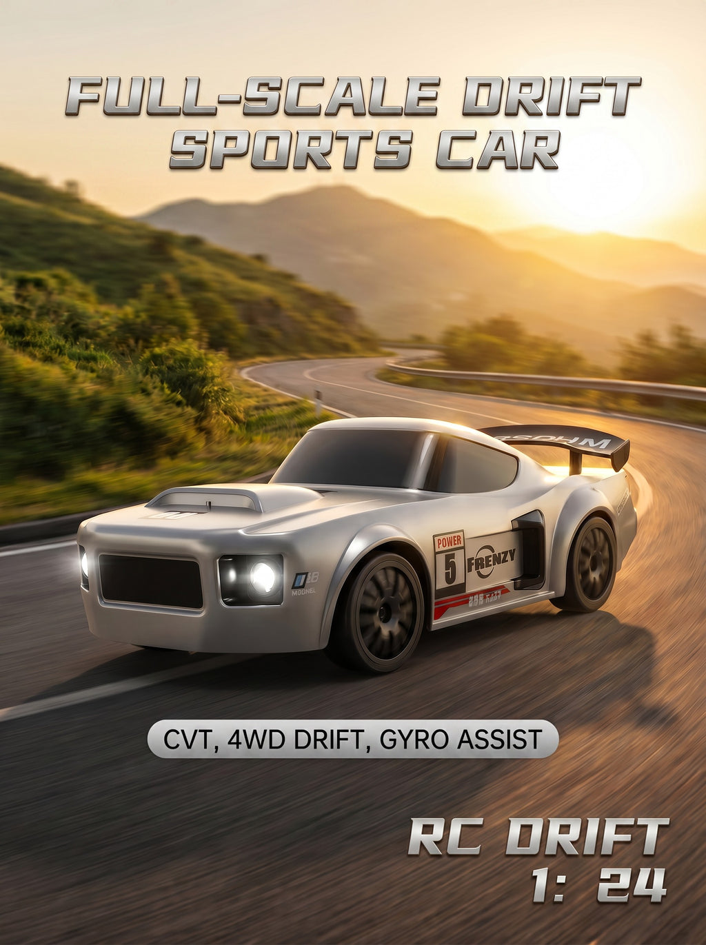 Voiture de Drift RC 4WD 1:24, Gyroscopique Réglable, 2,4 g, Lumières LED, Pneus Doubles, Batterie LiPo et Suspension, Carrosserie Large Rétro Argent pour Amateurs de RC, Lot de 1 Gris