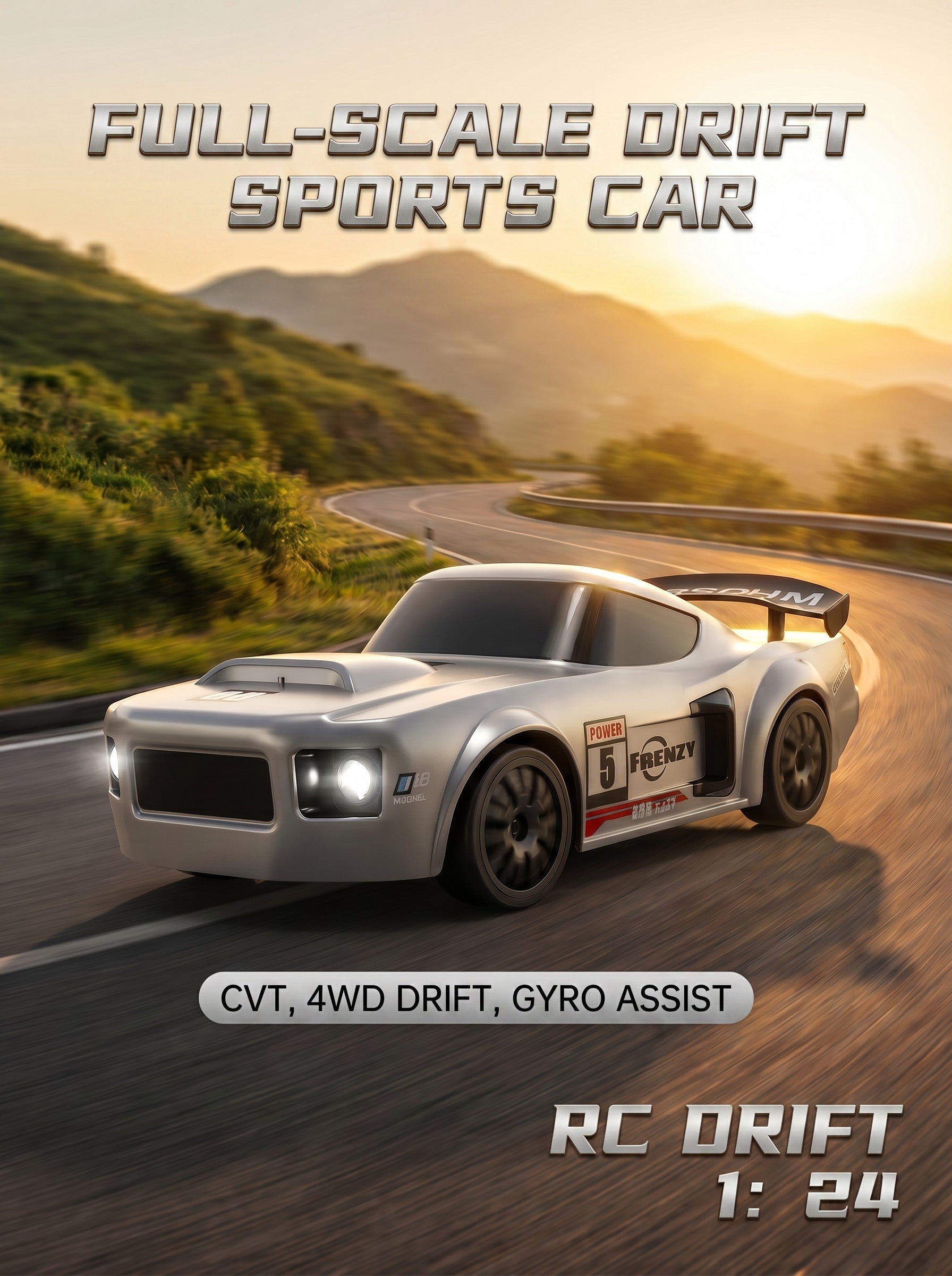 Voiture de Drift RC 4WD 1:24, Gyroscopique Réglable, 2,4 g, Lumières LED, Pneus Doubles, Batterie LiPo et Suspension, Carrosserie Large Rétro Argent pour Amateurs de RC, Lot de 1 Gris