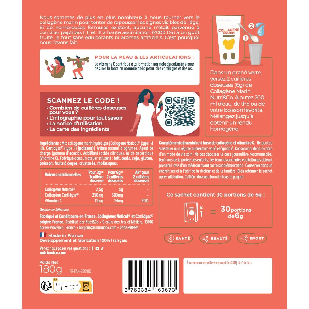 Nutri&Co Collagène marin type 1, 2 et 3 - goût citron - 180 g