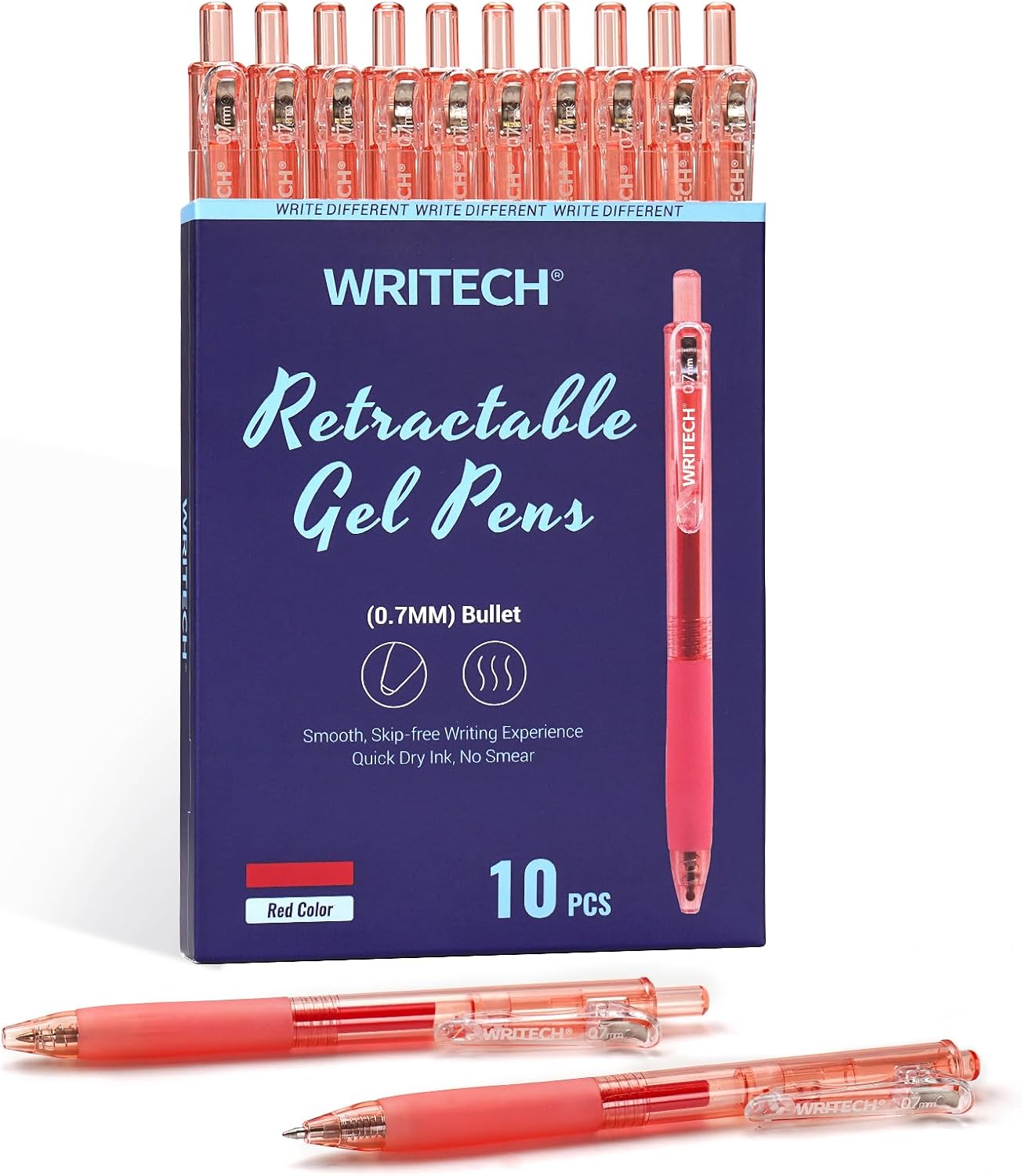 WRITECH Stylos à encre gel rétractables Pointe moyenne 0,7 mm Encre rouge Pour journalisation Écriture fluide Pointe fine Encre à séchage rapide Sans bavure Lot de 10