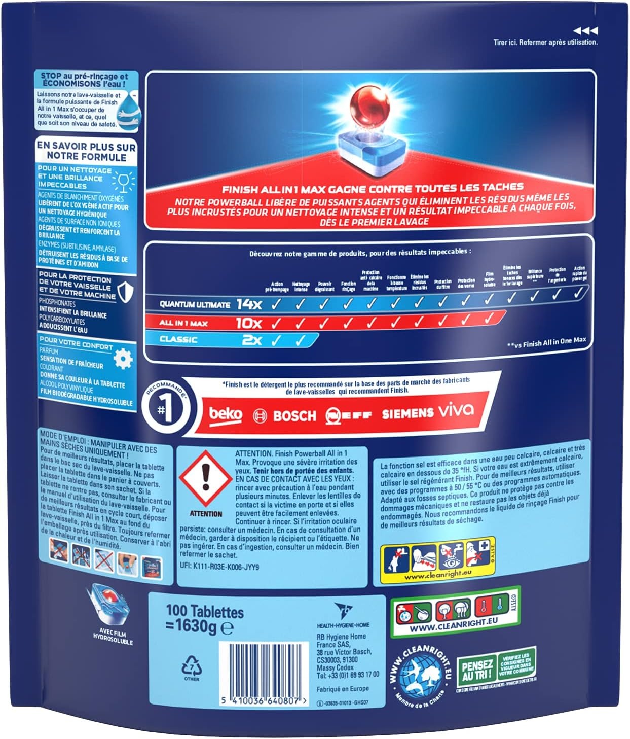 Finish Power All-in-1 Tablettes Lave-vaisselle, Sans Parfum, 100 Tablettes