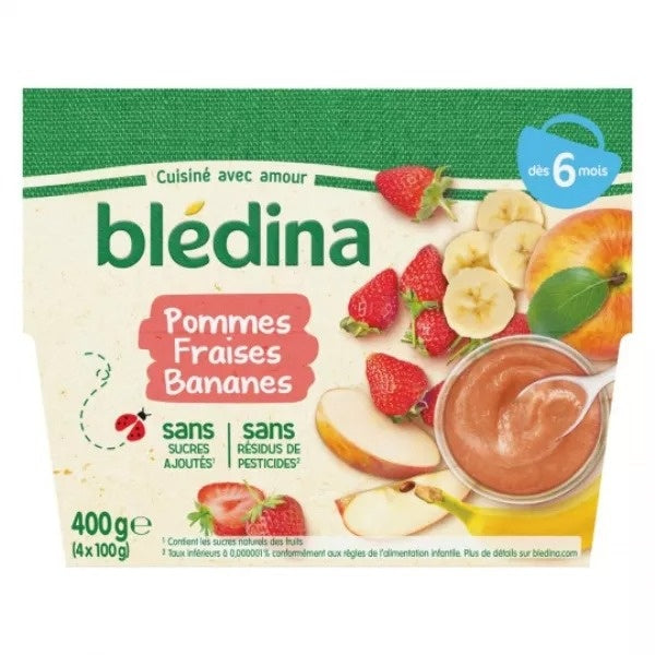 BLEDINA Coupelles fruits pomme fraise banane 6à36mois 4x100g