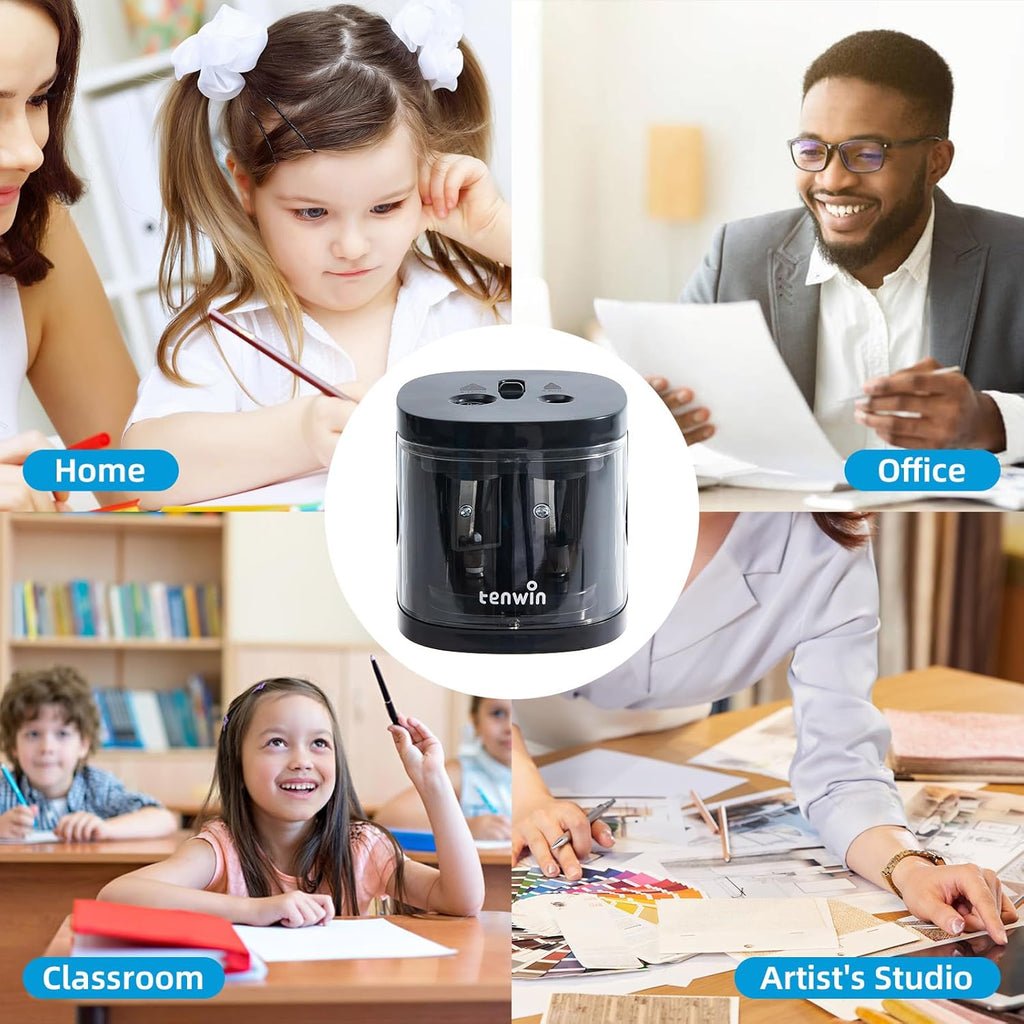 tenwin Taille-crayon électrique à double trou à piles pour crayons n° 2/de couleur 6 à 12 mm, Lame durable pour taillage rapide, Adapté école/salle de classe/bureau/maison, Noir