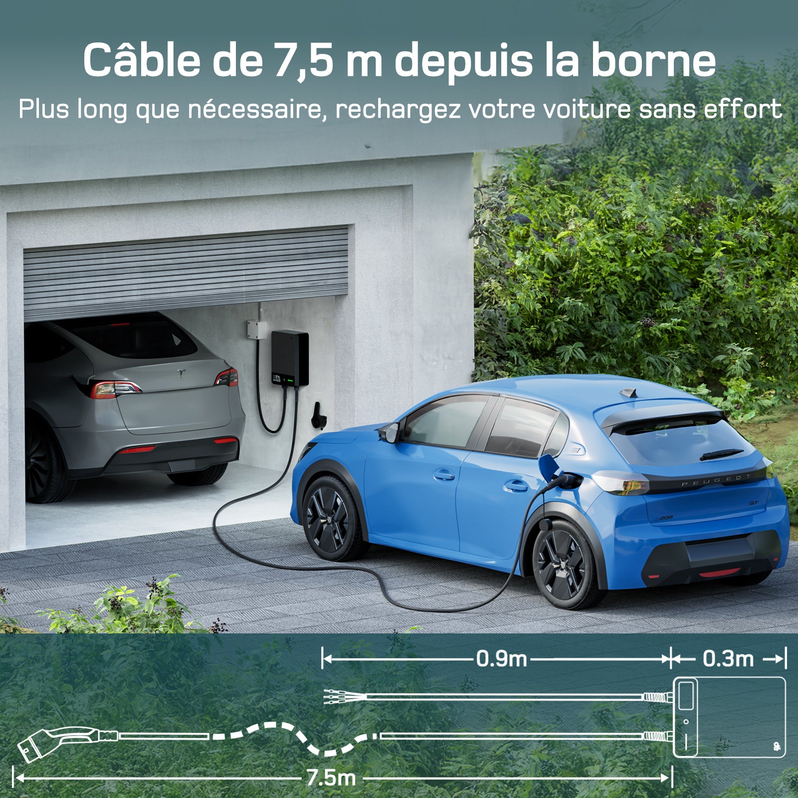 dé Borne de recharge pour véhicules électrique 7.4 kW APP, 7,5 m, 6-32 A, monophasé avec câble de recharge Type 2, RFID, RCD Type-B et IP54 compatible E-208 et autres BEV/PHEV