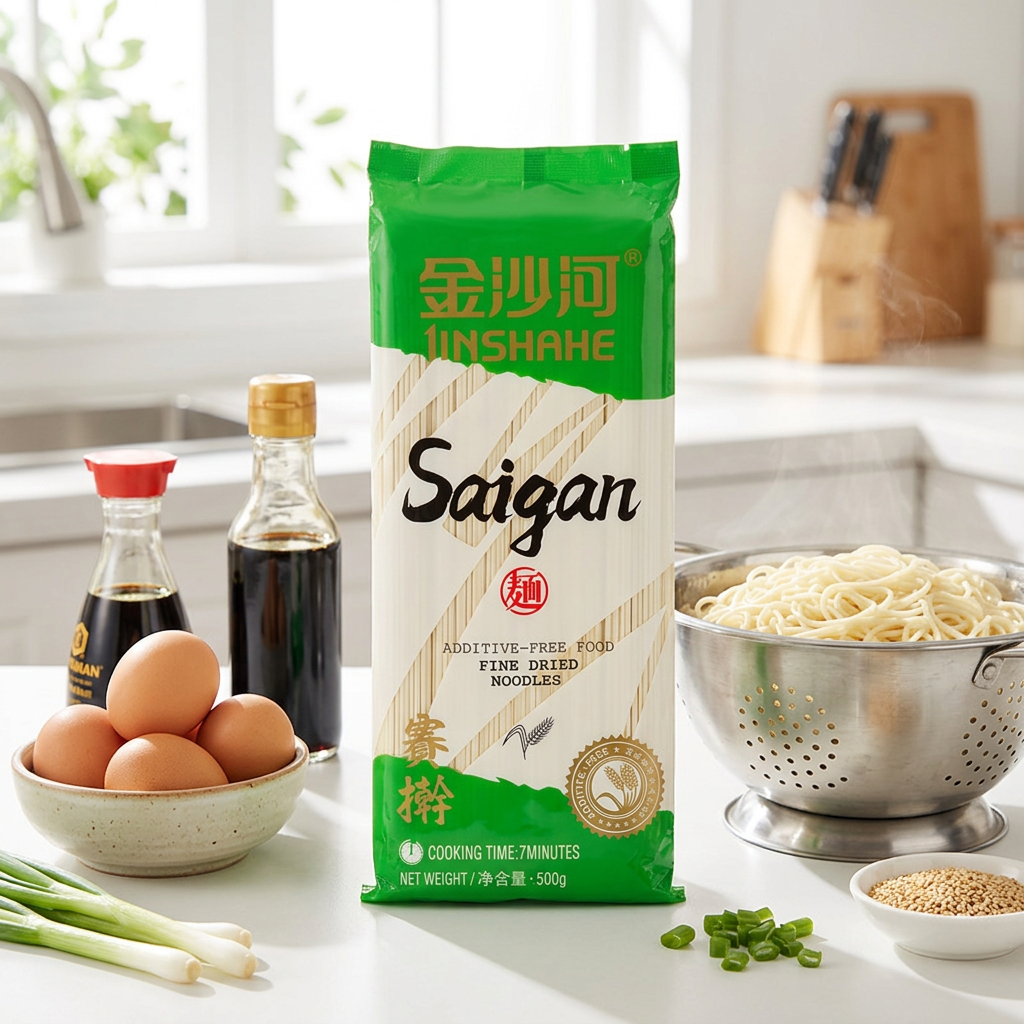 Jin Sha He Nouilles séchées Saigan 500 g Blé de qualité supérieure Texture al dente Format familial