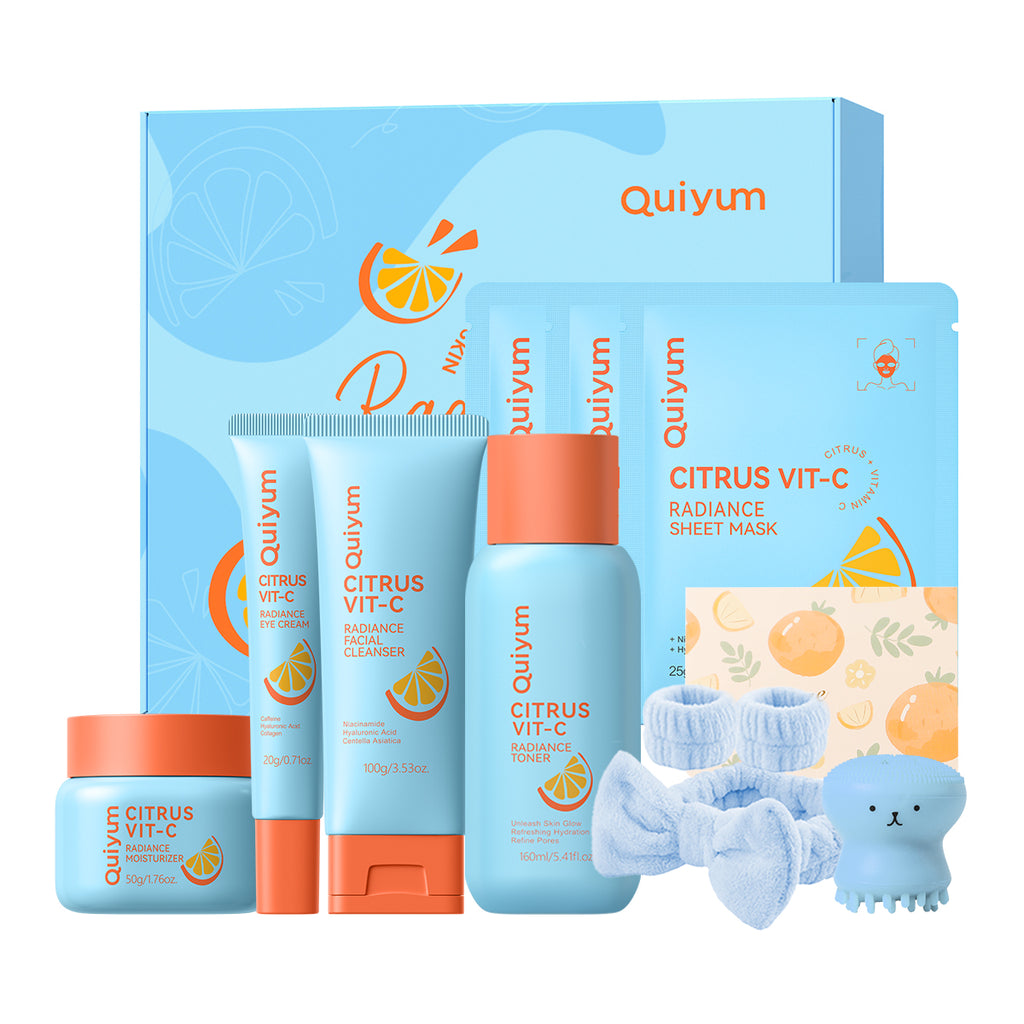 Quiyum Coffret de soins de la peau agrumes vitamine C (11 pièces), nettoyant visage 100 g, lotion tonique 160 ml, crème contour des yeux 20 g, crème visage 50 g, masque visage 25 g × 3, avec brosse nettoyante visage pieuvre, kit facial imperméable 3