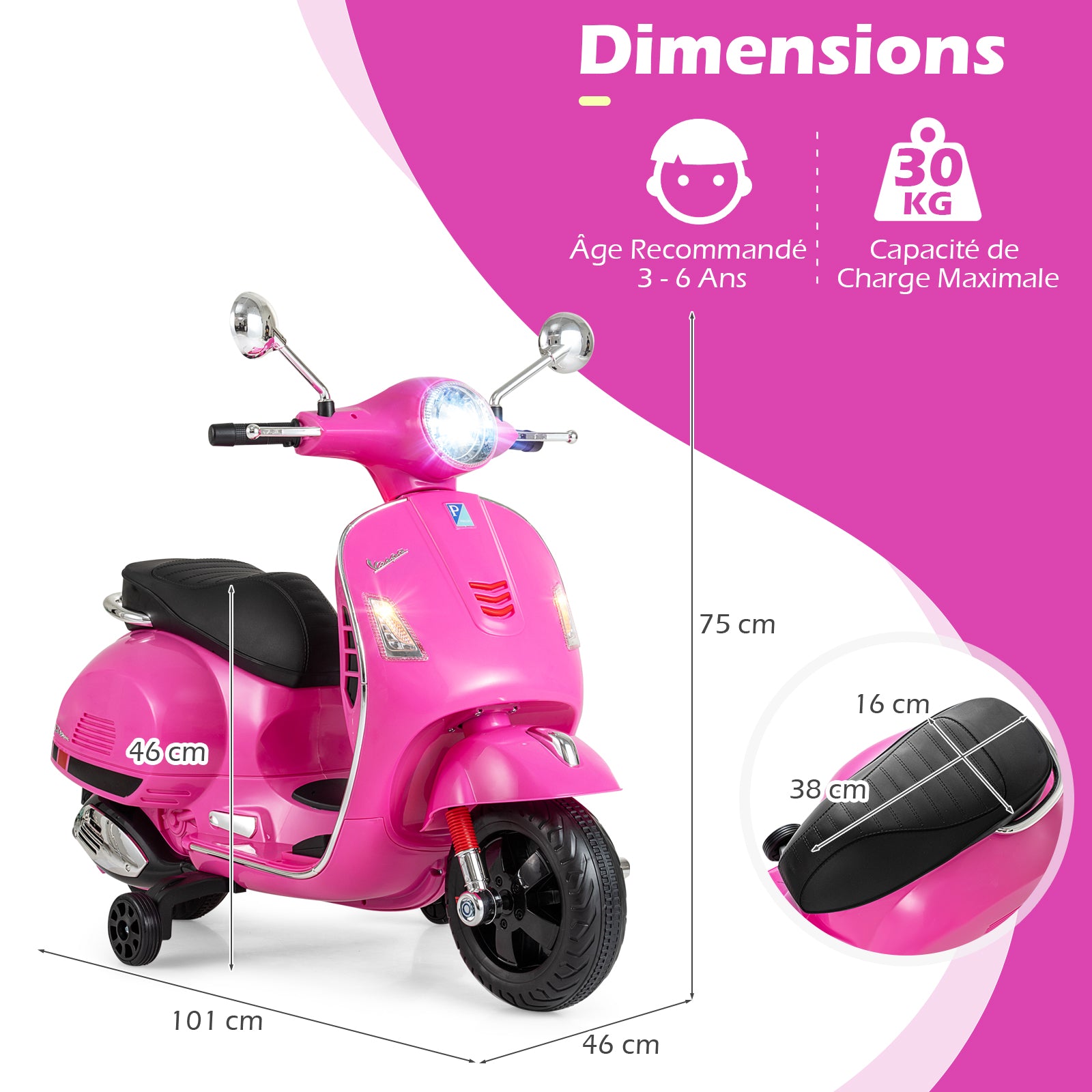 Costway Scooter électrique pour enfants Vespa sous licence 12 V, Scooter motorisé 4 roues avec musique, klaxon, histoires et roues stabilisatrices, 3-6 ans, Rose